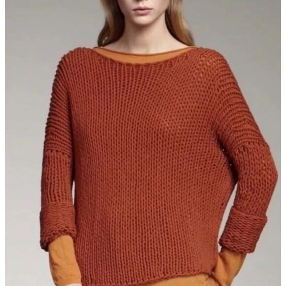 Vince Wool Open Knit Boatneck Sweater Small Rust Burnt Orange Relaxed Fit - Picture 2 of 9